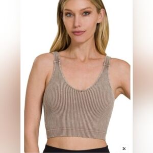 Zenana Crop Tank Top Mineral Wash Mocha Ribbed Size S/M - NWOT